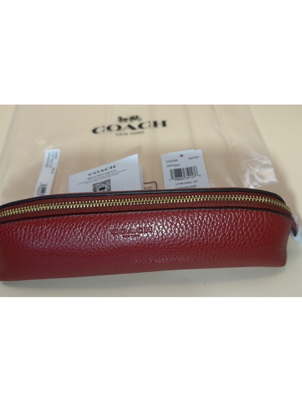 Coach New York Leather Pencil Case Zip Pouch Bag Organizer, Red Poppy